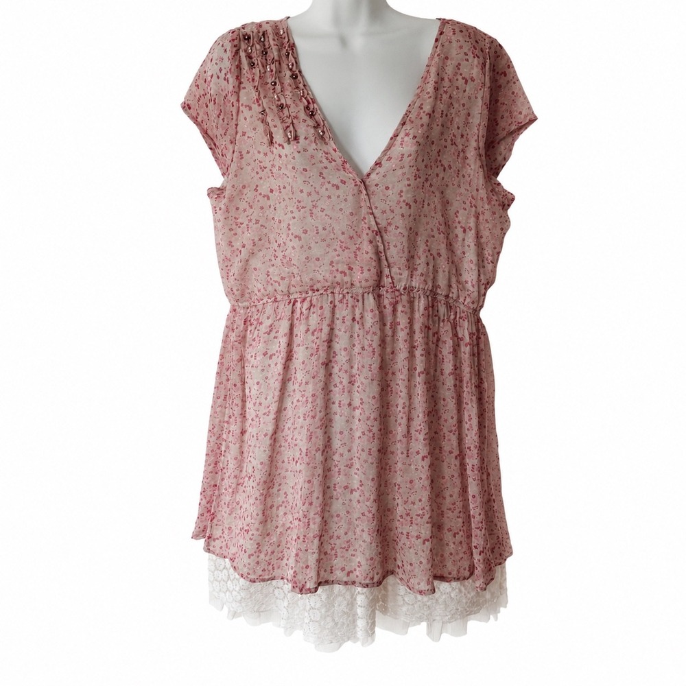Pura Vida Pink Floral Babydoll dress Top Lace Trim Beaded Boho Fairy Whimsy XL